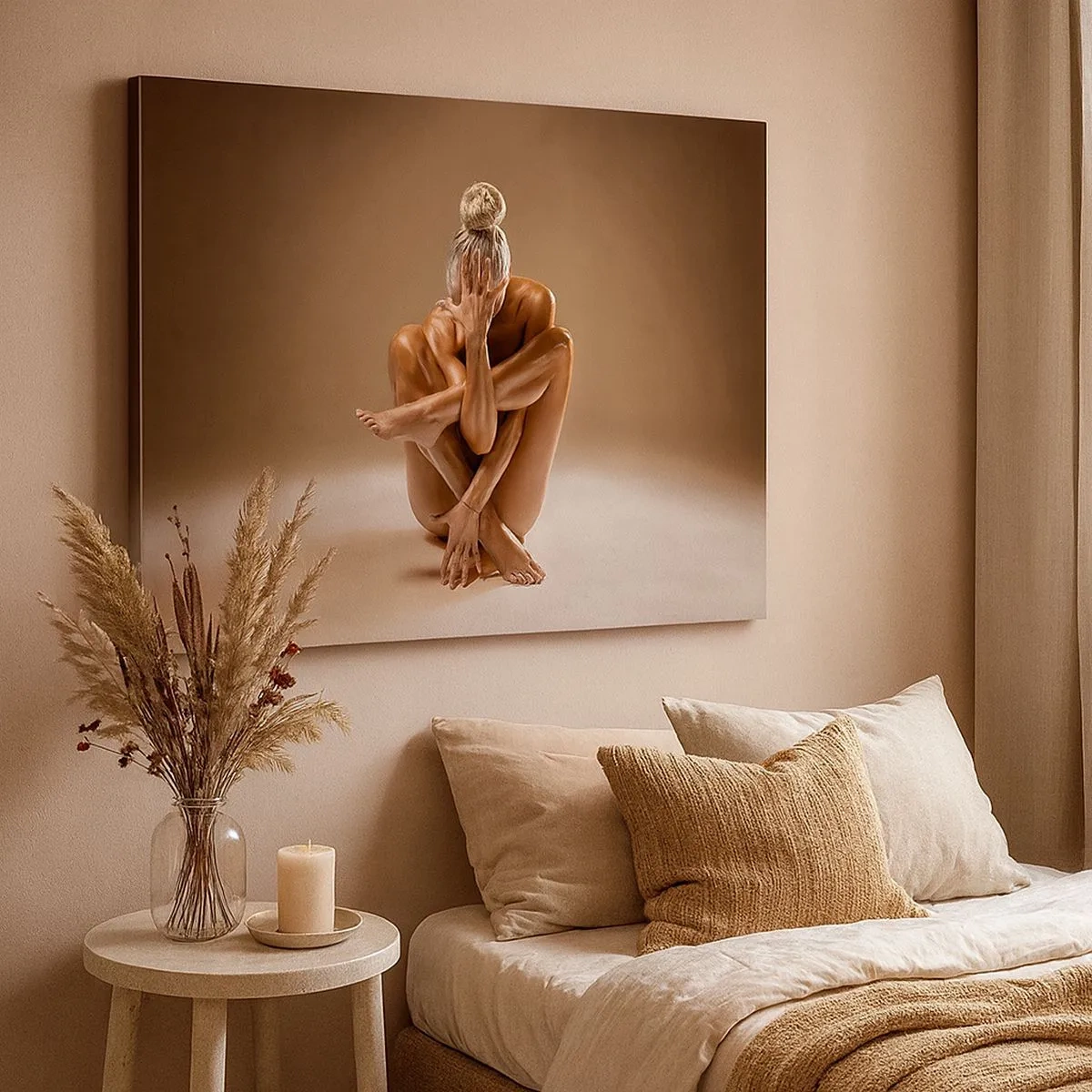 Quadro em tela - Silhueta artística de uma mulher em um fundo bege - 70x50cm - Unidade de corpo e alma - Decoração de parede moderna para a sala de estar e quarto ARTTOR