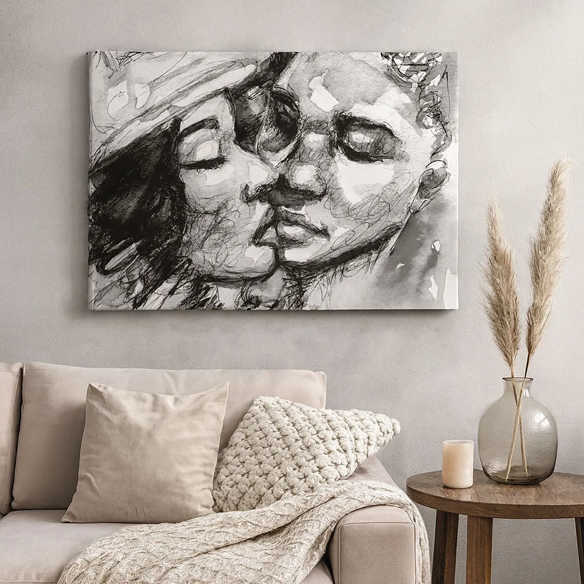 Quadro em tela - Uma aquarela em preto e branco retratando um momento íntimo entre duas pessoas. - 70x50cm - Um momento de ternura - Decoração de parede moderna para a sala de estar e quarto ARTTOR
