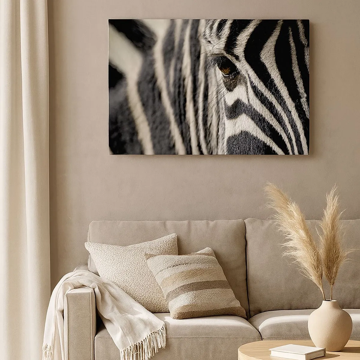 Quadro em tela - Close-up do olho de uma zebra com listras pretas e brancas - 70x50cm - Retrato em listras - Decoração de parede moderna para a sala de estar e quarto ARTTOR