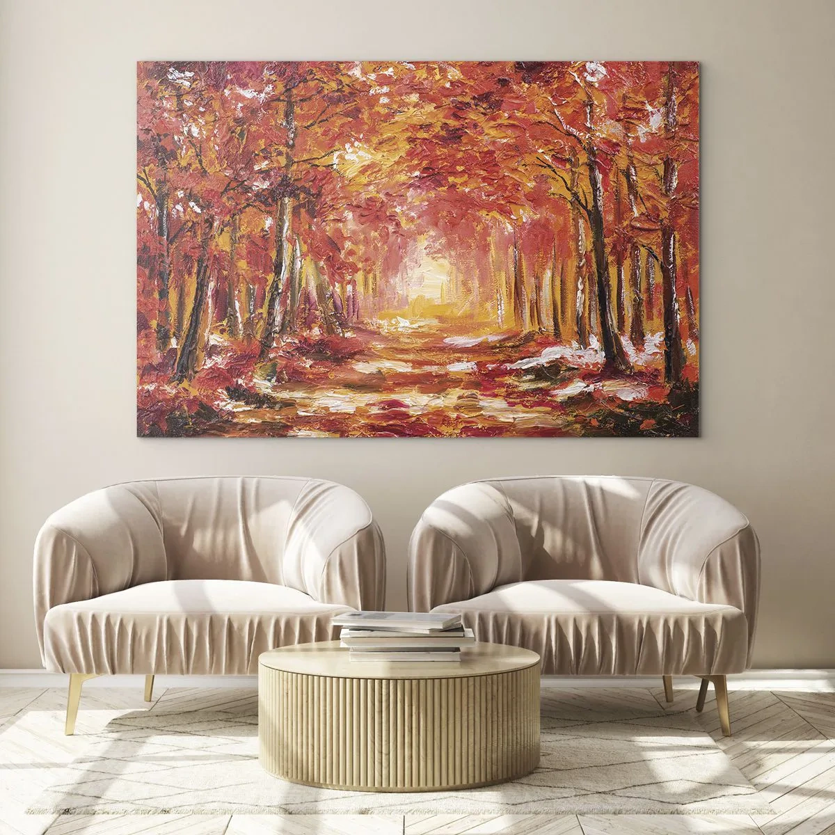Quadro em vidro - Paisagem de outono com árvores em cores quentes - 70x50cm - Floresta de cobre - Decoração de parede moderna para a sala de estar e quarto ARTTOR