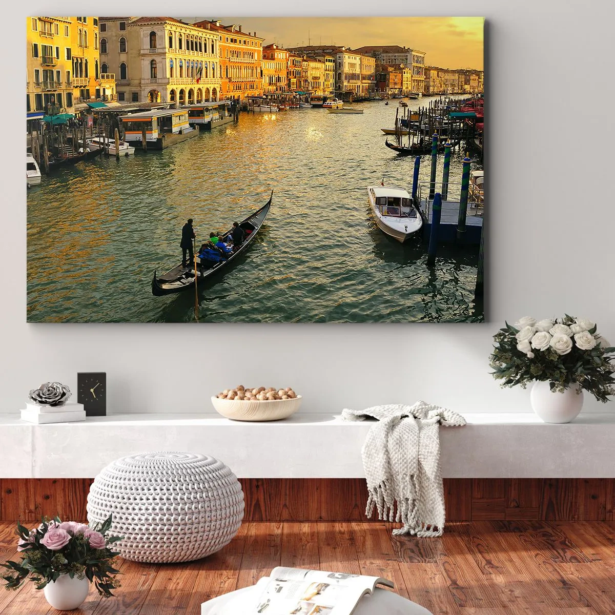 Quadro em tela - Gôndola em um canal de Veneza ao pôr do sol - 70x50cm - No lado ensolarado da rua - Decoração de parede moderna para a sala de estar e quarto ARTTOR