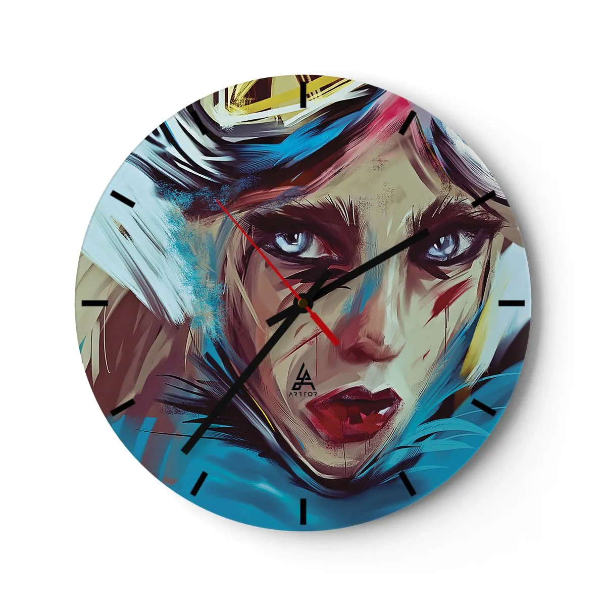 Relógio de parede - Relógio em vidro - Um retrato expressivo de uma mulher em cores intensas - 30x30cm - A guerreira das estradas - Decoração de parede moderna para a sala de estar, cozinha e quarto ARTTOR