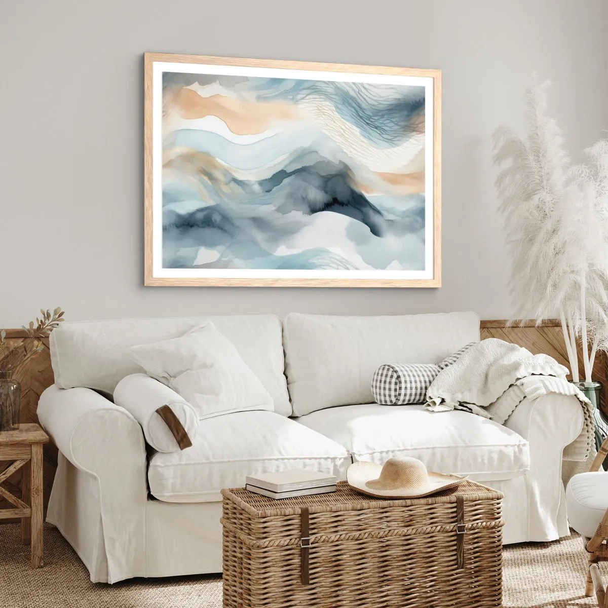 Pôster com moldura de carvalho claro - Abstração nevada e nebulosa - 100x70 cm