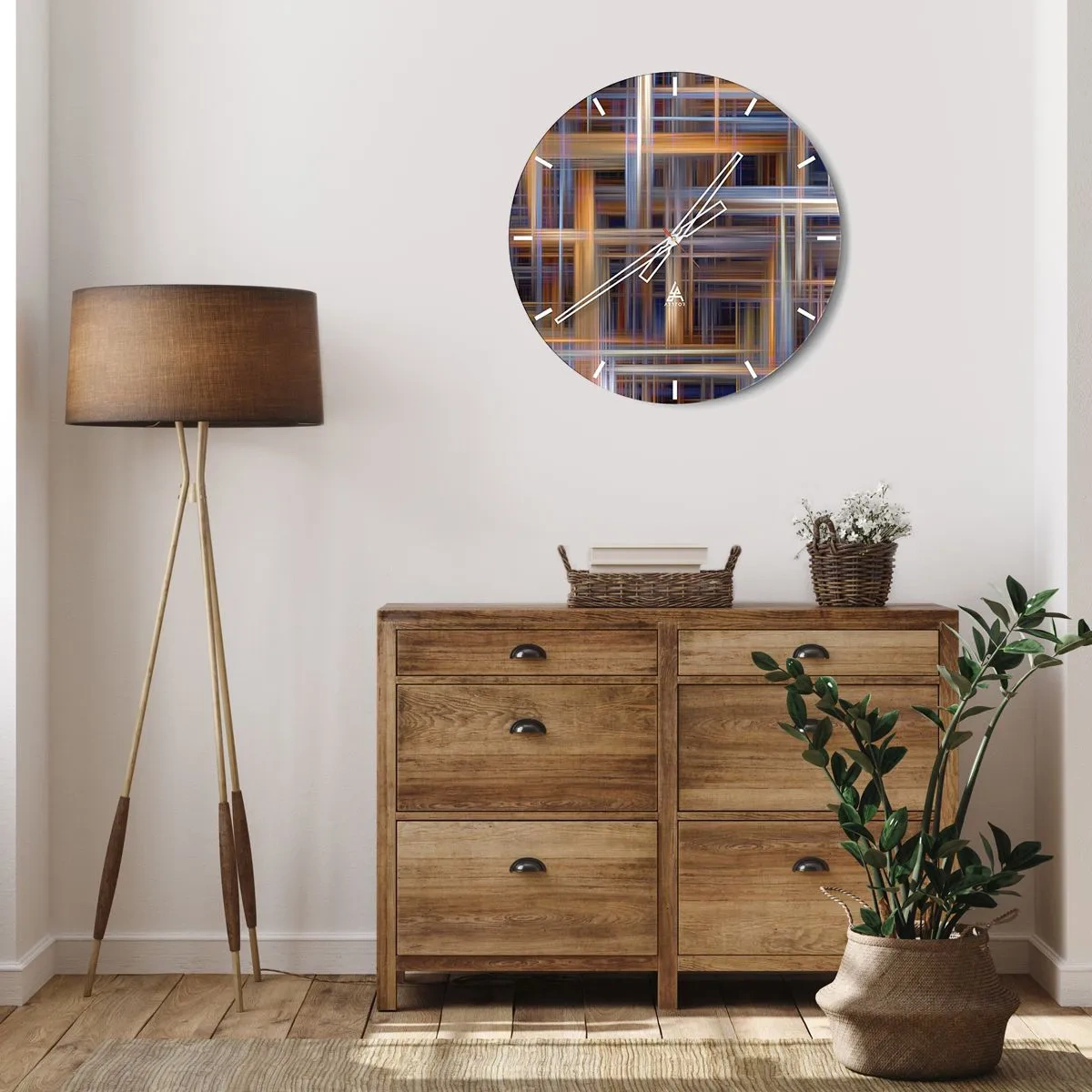 Relógio de parede - Relógio em vidro - Padrão xadrez em tons de marrom e azul - 30x30cm - Tecido de luz - Decoração de parede moderna para a sala de estar, cozinha e quarto ARTTOR