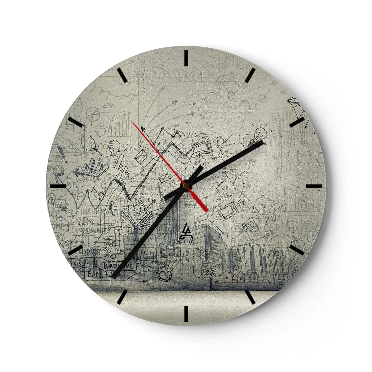 Relógio de parede - Relógio em vidro - Esboço conceitual com temas de negócios em um fundo claro - 30x30cm - Minha vida maravilhosa na cidade - Decoração de parede moderna para a sala de estar, cozinha e quarto ARTTOR