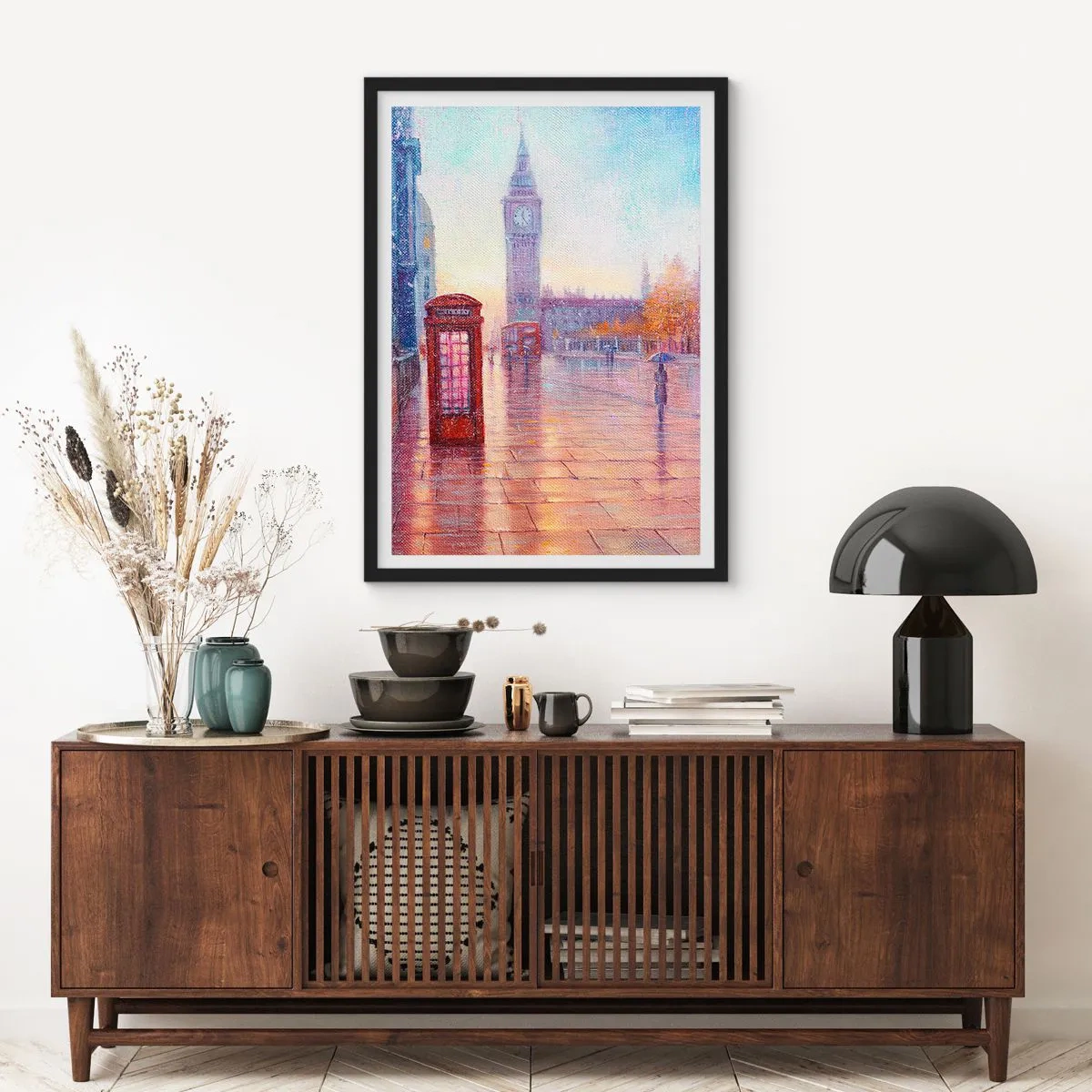 Pôster com moldura preta - Big Ben e a cabine telefônica vermelha em um dia chuvoso - 50x70cm - Um dia de outono em Londres - Decoração de parede moderna para a sala de estar e quarto ARTTOR