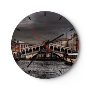 Relógio de parede - Relógio em vidro - A Ponte Rialto em Veneza sob um céu nublado - 30x30cm - A promessa de uma noite em Veneza - Decoração de parede moderna para a sala de estar, cozinha e quarto ARTTOR