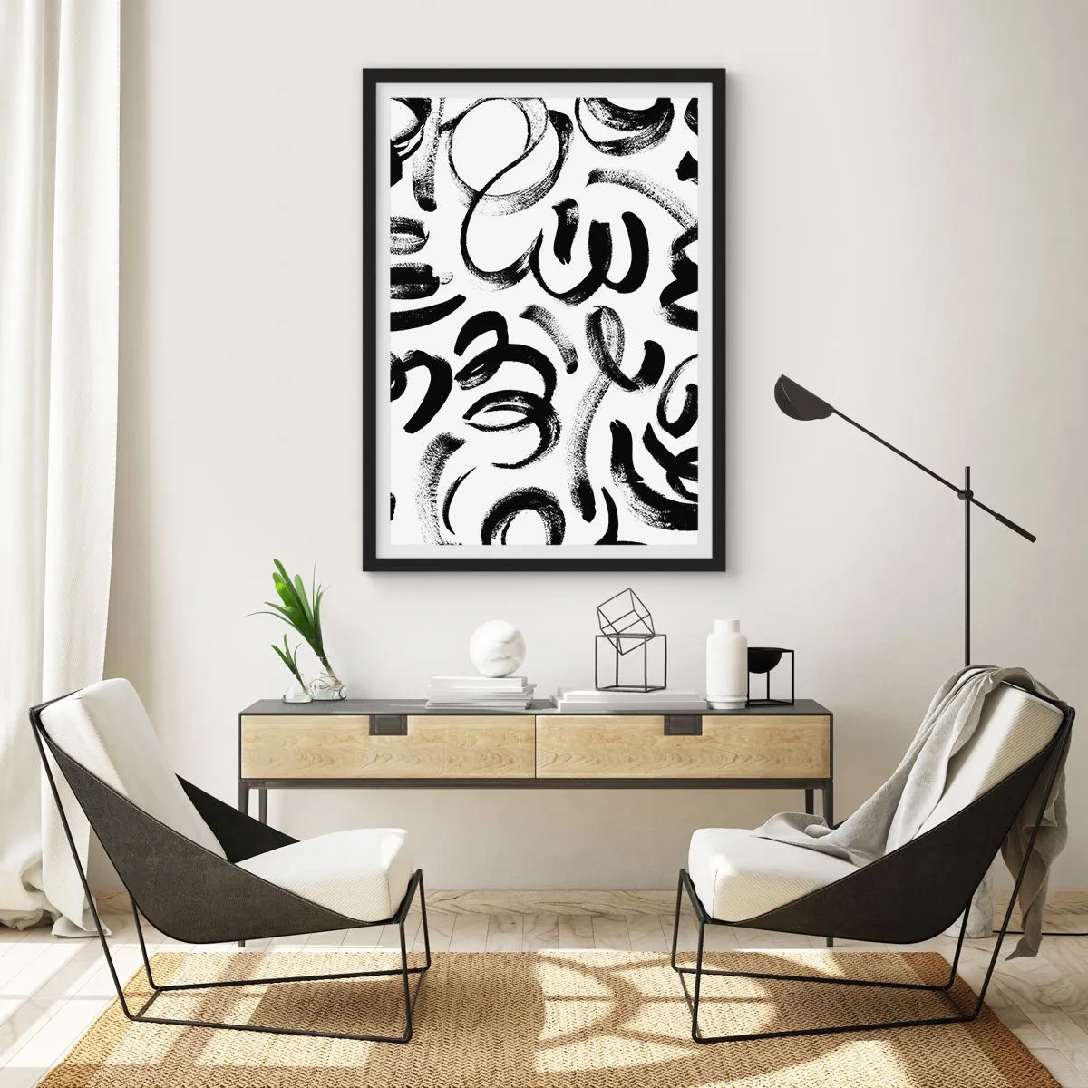 Pôster com moldura preta - Pinceladas pretas abstratas em um fundo branco - 50x70cm - Preto sobre branco - Decoração de parede moderna para a sala de estar e quarto ARTTOR