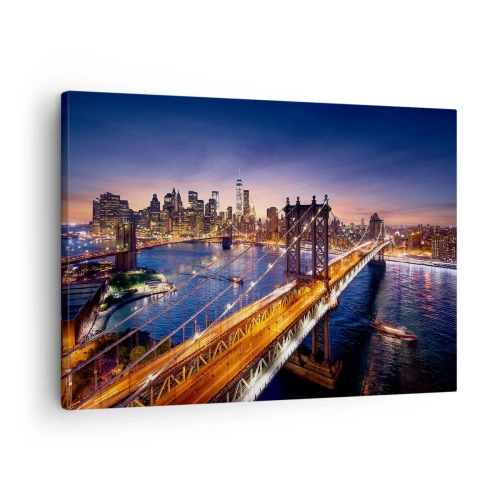 Quadro em tela - A ponte e o panorama da cidade ao pôr do sol - 70x50cm - Uma ponte luminosa para o coração da cidade - Decoração de parede moderna para a sala de estar e quarto ARTTOR