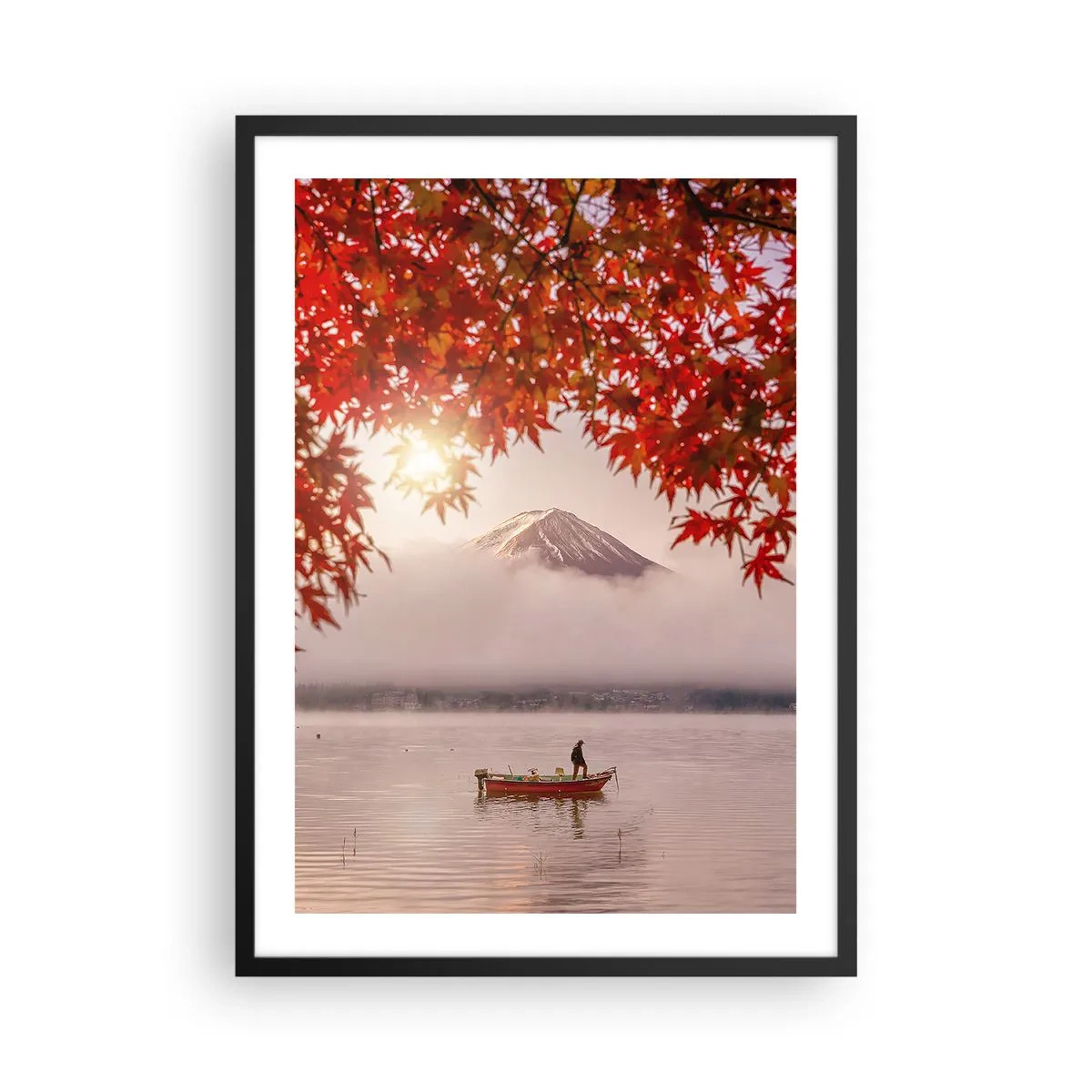 Pôster com moldura preta - Monte Fuji com um barco em um lago e folhas de outono - 50x70cm - No clima japonês - Decoração de parede moderna para a sala de estar e quarto ARTTOR