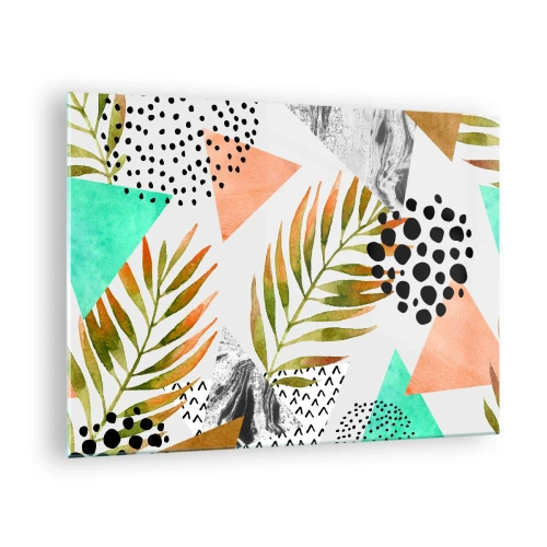 Quadro em vidro - Formas geométricas e folhas em tons pastel - 70x50cm - Decoração em folha de palmeira - Decoração de parede moderna para a sala de estar e quarto ARTTOR