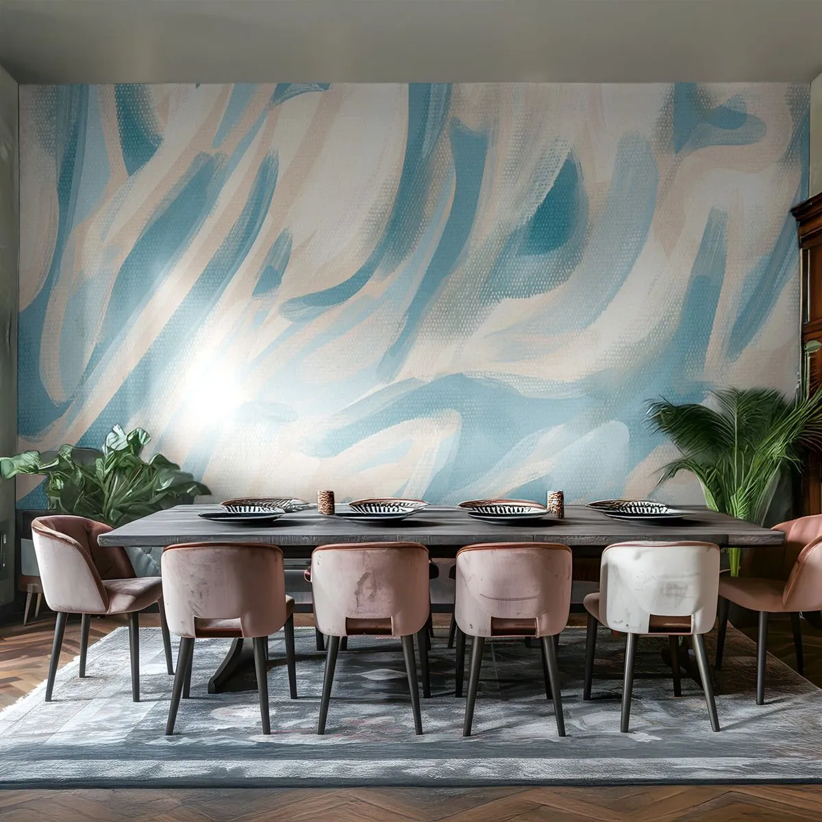 Papel de Parede Standard Eco - Pinceladas abstratas em azul claro e creme - 100x70cm - Brisas de primavera - Decoração de parede moderna para a sala de estar e quarto ARTTOR