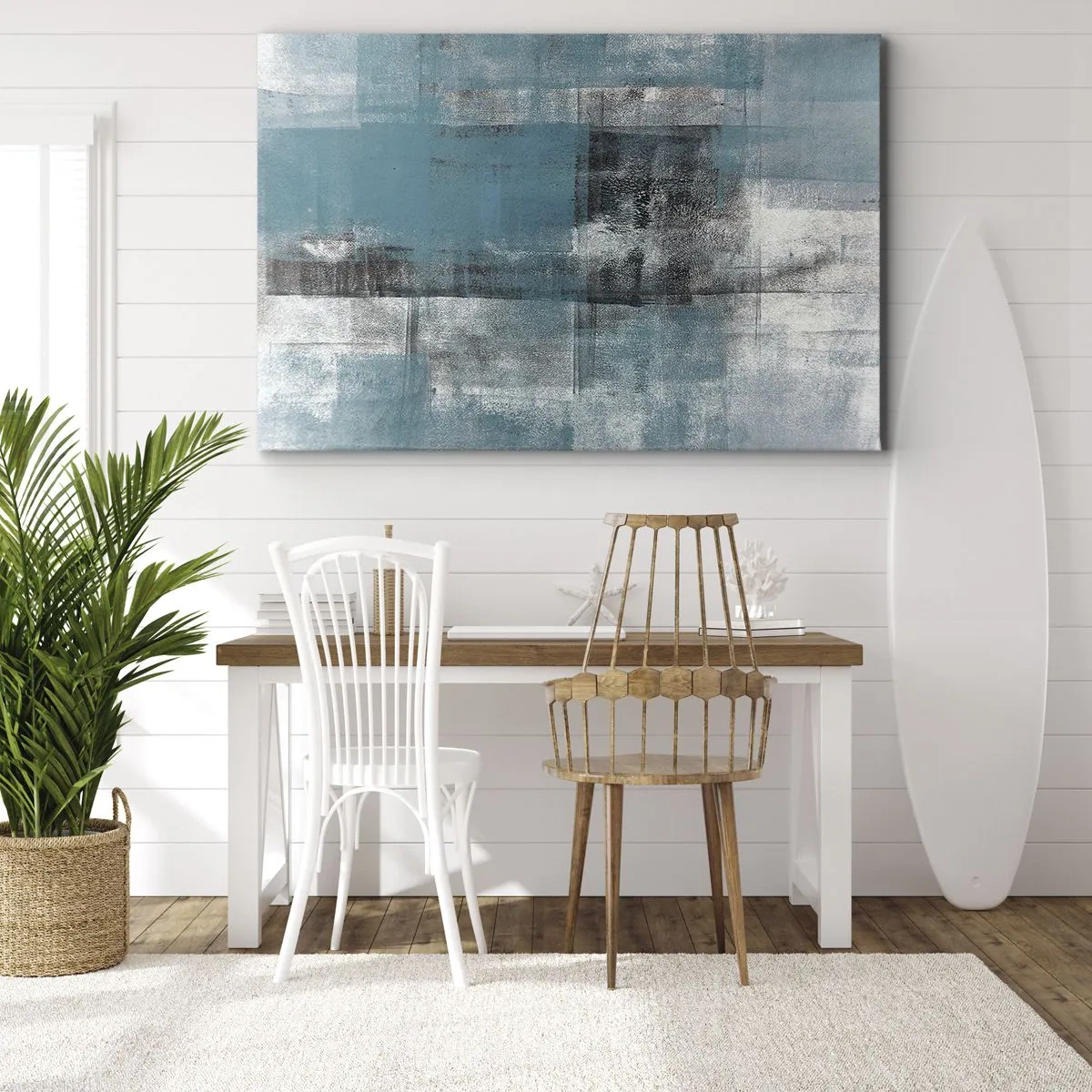 Quadro em tela - Uma composição abstrata em tons de azul com textura e camadas. - 70x50cm - Água e ar - Decoração de parede moderna para a sala de estar e quarto ARTTOR