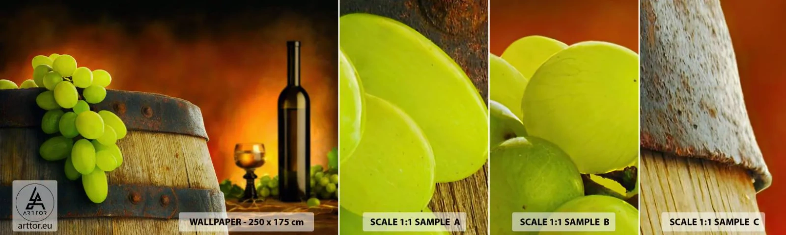 Amostra de Papel de Parede Standard Eco - Natureza morta com uma garrafa de vinho e um cacho de uvas - Uva, Vinho, Barril de vinho - 100x30 cm