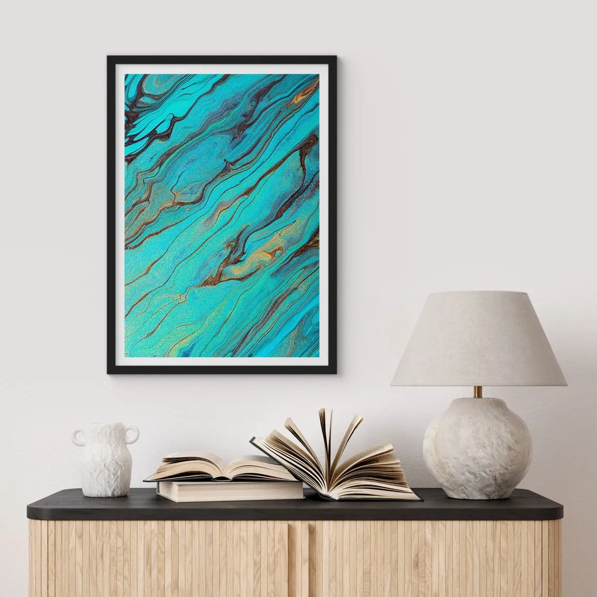 Pôster com moldura preta - Padrões abstratos em tons de turquesa e dourado - 50x70cm - Maré Turquesa - Decoração de parede moderna para a sala de estar e quarto ARTTOR