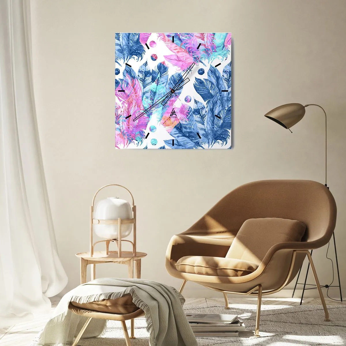 Relógio de parede - Relógio em vidro - Plumas em rosa e azul - 30x30 cm