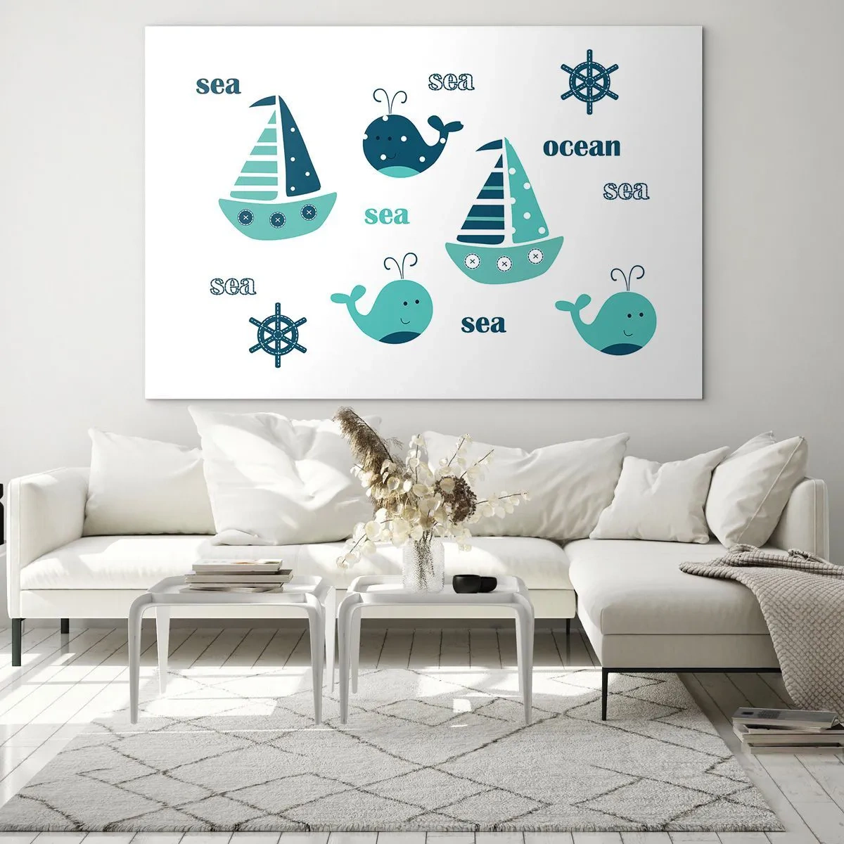 Quadro em vidro - Tema náutico com veleiros e baleias - 70x50cm - Através dos mares e oceanos - Decoração de parede moderna para a sala de estar e quarto ARTTOR