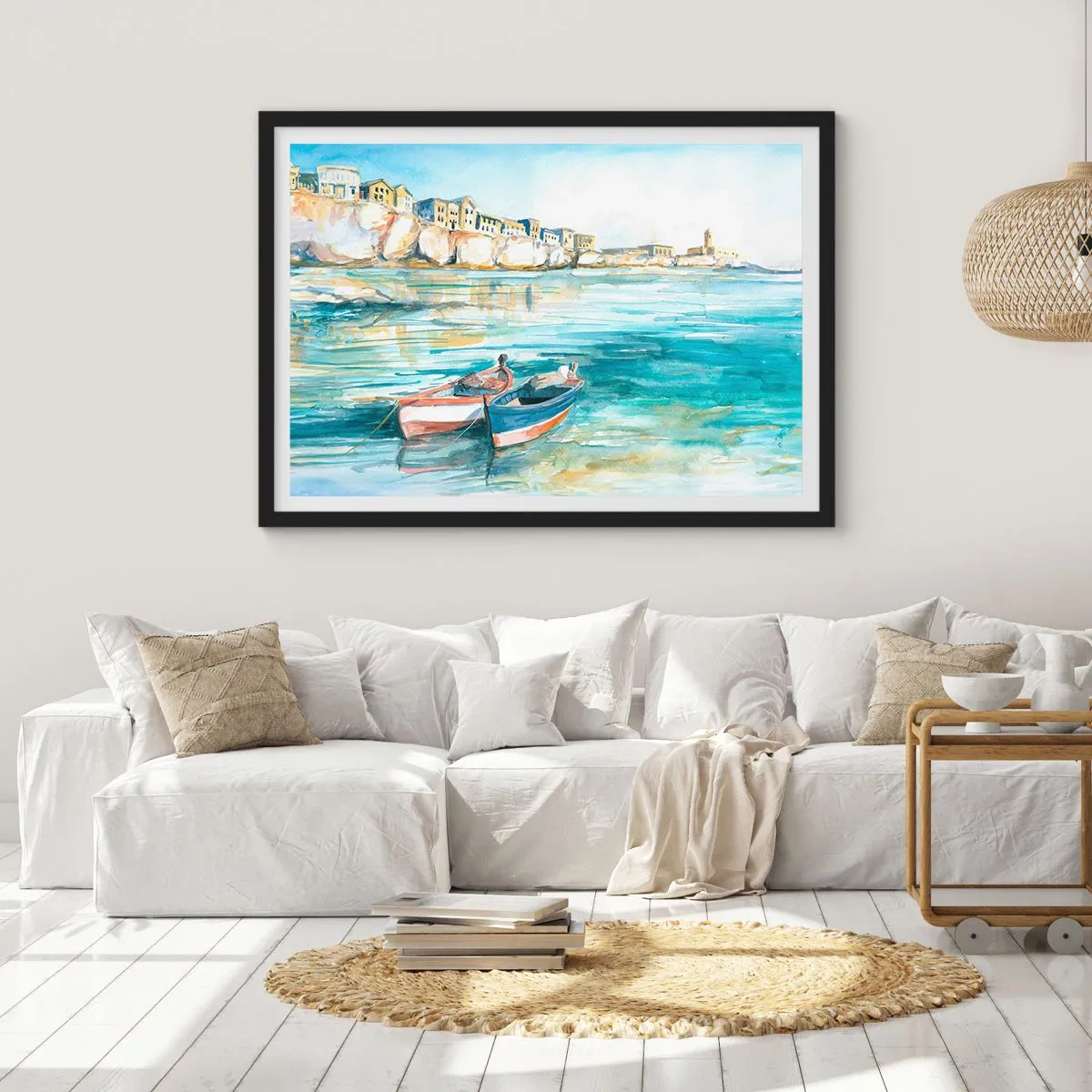 Pôster com moldura preta - Paisagem em azul - 70x50 cm