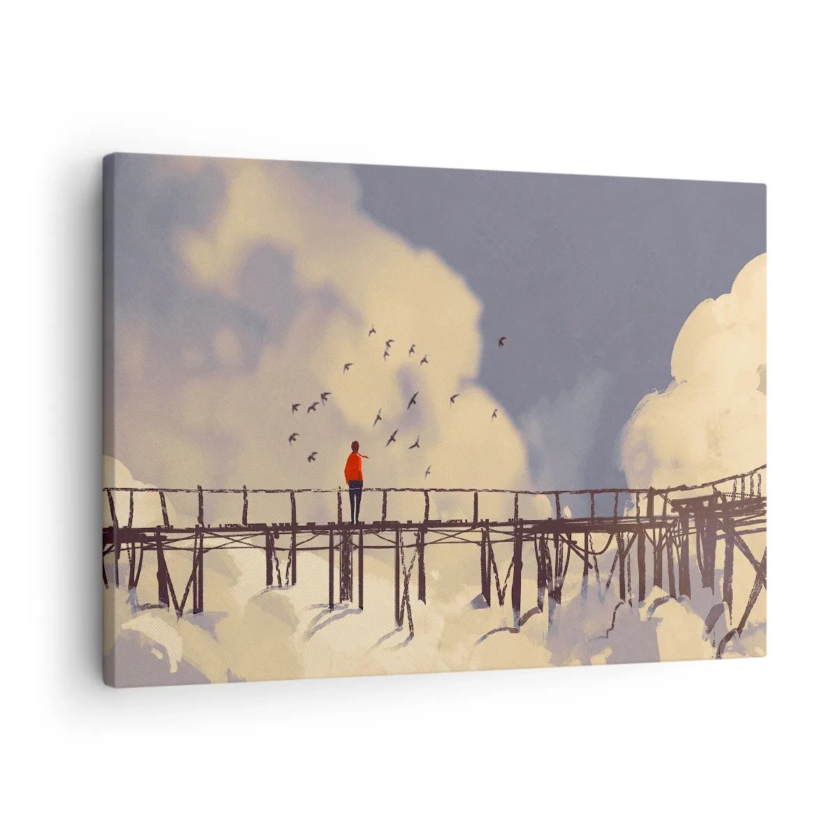 Quadro em tela - Uma figura em uma ponte entre nuvens com pássaros no céu - 70x50cm - Saudade azul - Decoração de parede moderna para a sala de estar e quarto ARTTOR