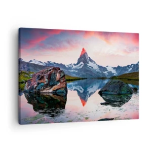 Quadro em tela - Um pico de montanha refletido em um lago ao pôr do sol - 70x50cm - O coração das montanhas é quente - Decoração de parede moderna para a sala de estar e quarto ARTTOR