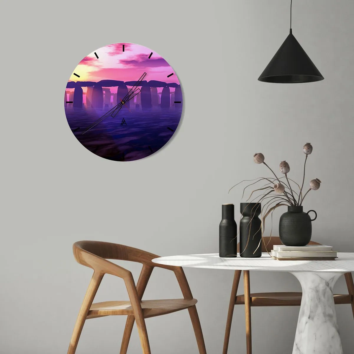 Relógio de parede - Relógio em vidro - Um círculo de pedras à luz do pôr do sol - 30x30cm - O mistério do amanhecer no nevoeiro - Decoração de parede moderna para a sala de estar, cozinha e quarto ARTTOR