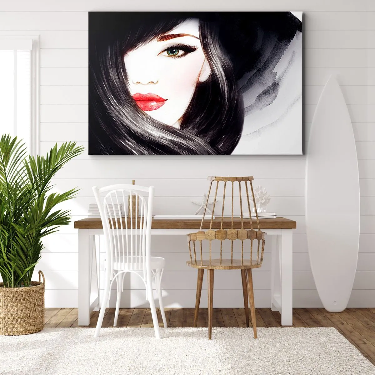Quadro em tela - Retrato de uma mulher com olhar expressivo e lábios vermelhos - 70x50cm - Olhar de safira - Decoração de parede moderna para a sala de estar e quarto ARTTOR