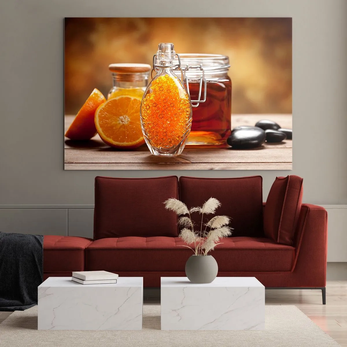 Quadro em vidro - Uma garrafa de óleo e uma laranja sobre uma mesa de madeira - 70x50cm - Sabores e aromas ensolarados - Decoração de parede moderna para a sala de estar e quarto ARTTOR