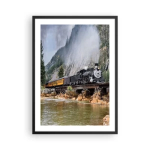Pôster com moldura preta - Uma locomotiva a vapor em uma ponte cercada por montanhas e um rio em uma paisagem pitoresca. - 50x70cm - Para onde? Onde? - Decoração de parede moderna para a sala de estar e quarto ARTTOR