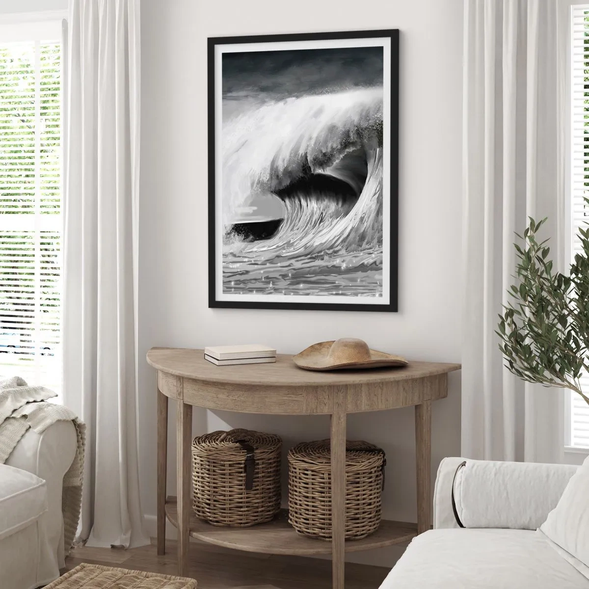 Pôster com moldura preta - Uma onda poderosa em tons de cinza - 50x70cm - A ira do oceano - Decoração de parede moderna para a sala de estar e quarto ARTTOR
