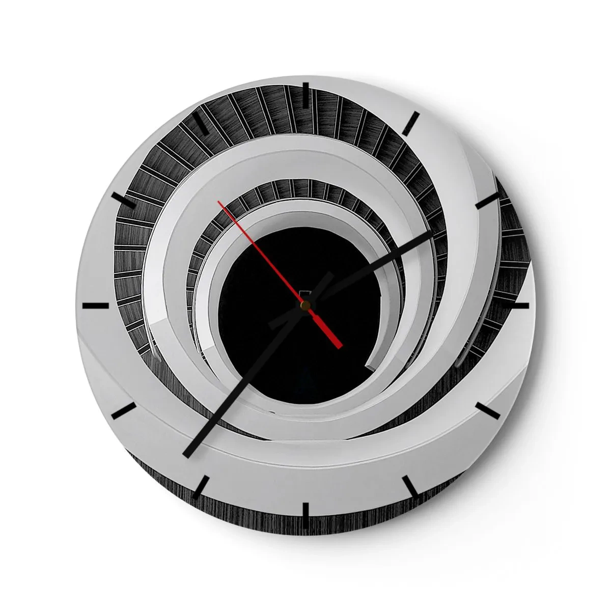 Relógio de parede - Relógio em vidro - Escada em espiral em estilo preto e branco - 30x30cm - Ao âmago - Decoração de parede moderna para a sala de estar, cozinha e quarto ARTTOR