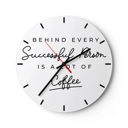 Relógio de parede - Relógio em vidro - Um relógio branco com uma inscrição motivacional sobre café. - 30x30cm - O segredo do sucesso - Decoração de parede moderna para a sala de estar, cozinha e quarto ARTTOR