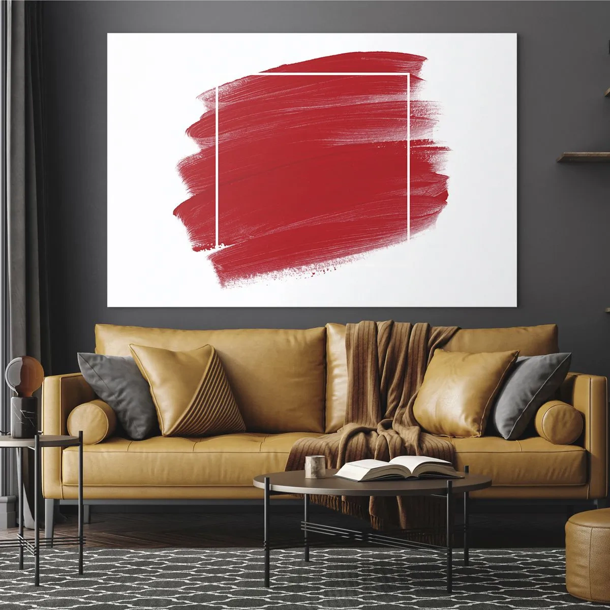 Quadro em vidro - Mancha vermelha abstrata com moldura branca - 70x50cm - Fora do quadro - Decoração de parede moderna para a sala de estar e quarto ARTTOR