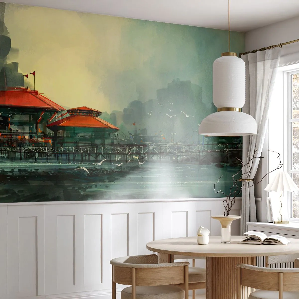 Papel de Parede Standard Eco - Um píer enevoado com edifícios de madeira e gaivotas - 100x70cm - Um dia ensolarado no porto - Decoração de parede moderna para a sala de estar e quarto ARTTOR