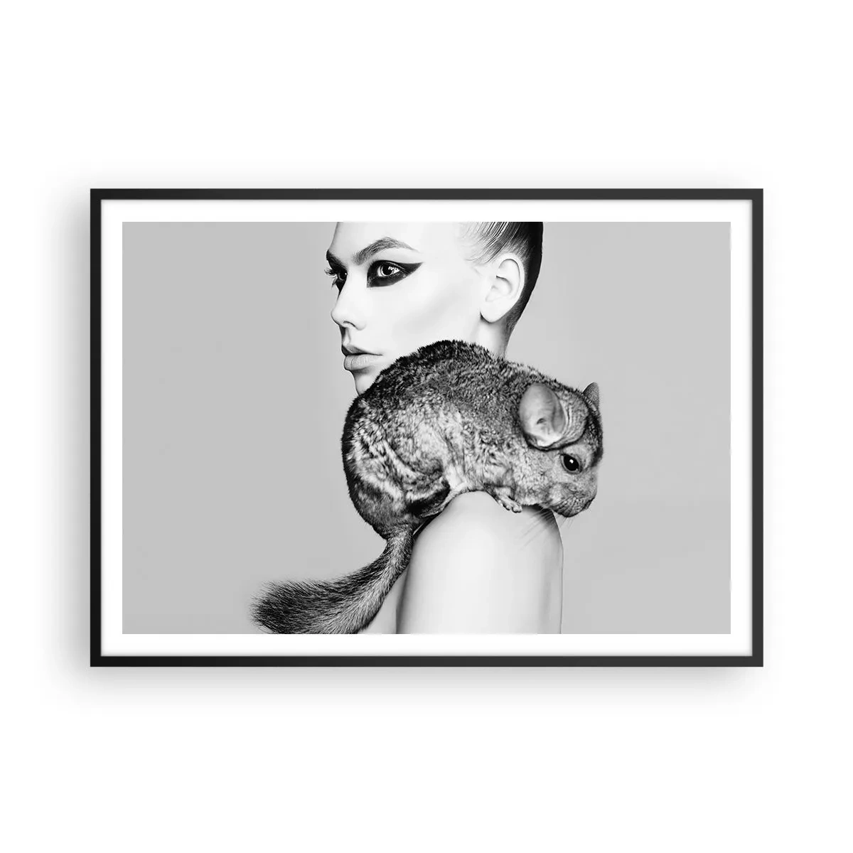 Pôster com moldura preta - A dama com a chinchila - 100x70 cm