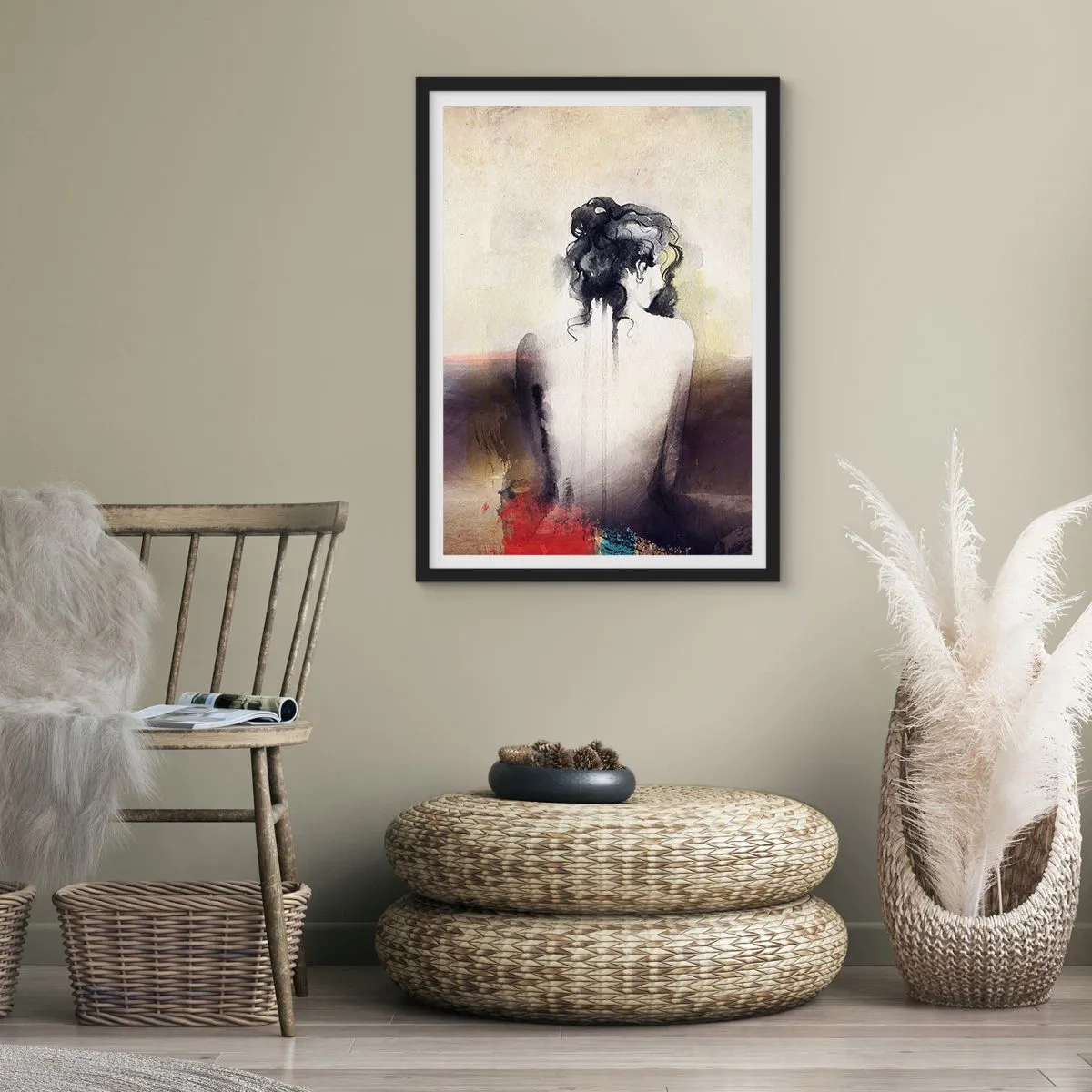 Pôster com moldura preta - Um retrato artístico de uma mulher de costas em cores suaves. - 50x70cm - Linhas suaves, formas ovais - Decoração de parede moderna para a sala de estar e quarto ARTTOR