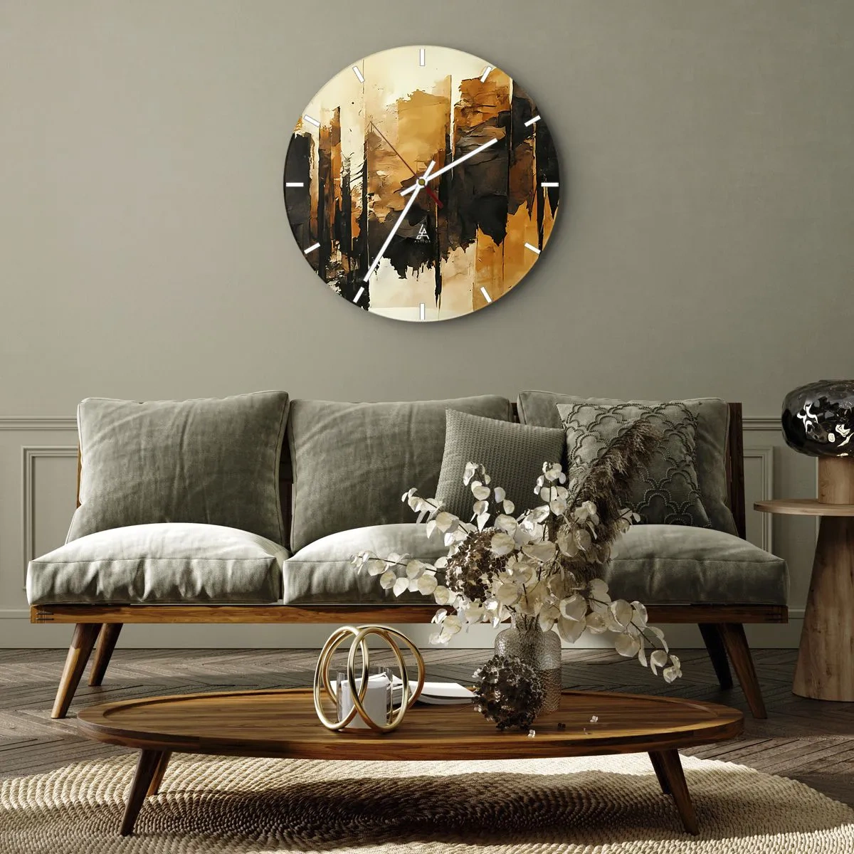 Relógio de parede - Relógio em vidro - Harmonia de preto e dourado - 30x30 cm