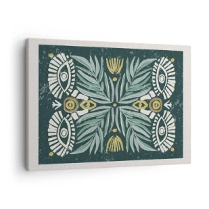 Quadro em tela - Padrão de planta simétrico em um fundo verde - 70x50cm - Como um recorte folclórico - Decoração de parede moderna para a sala de estar e quarto ARTTOR