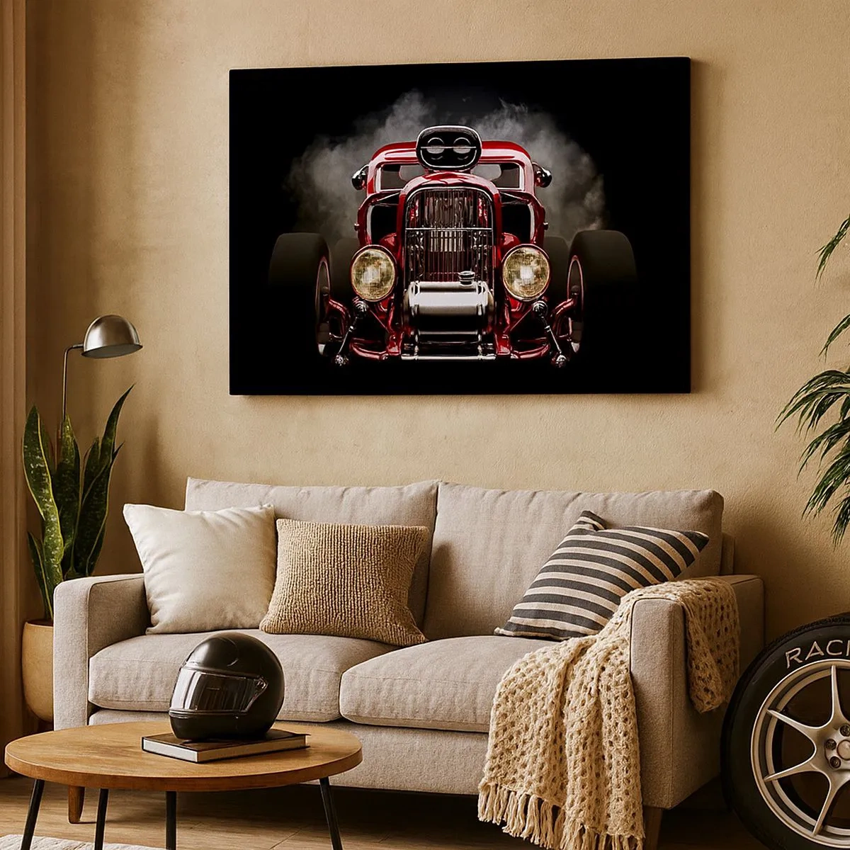 Quadro em tela - Carro de corrida clássico vermelho em um fundo escuro - 70x50cm - Velozes e bonitos - Decoração de parede moderna para a sala de estar e quarto ARTTOR