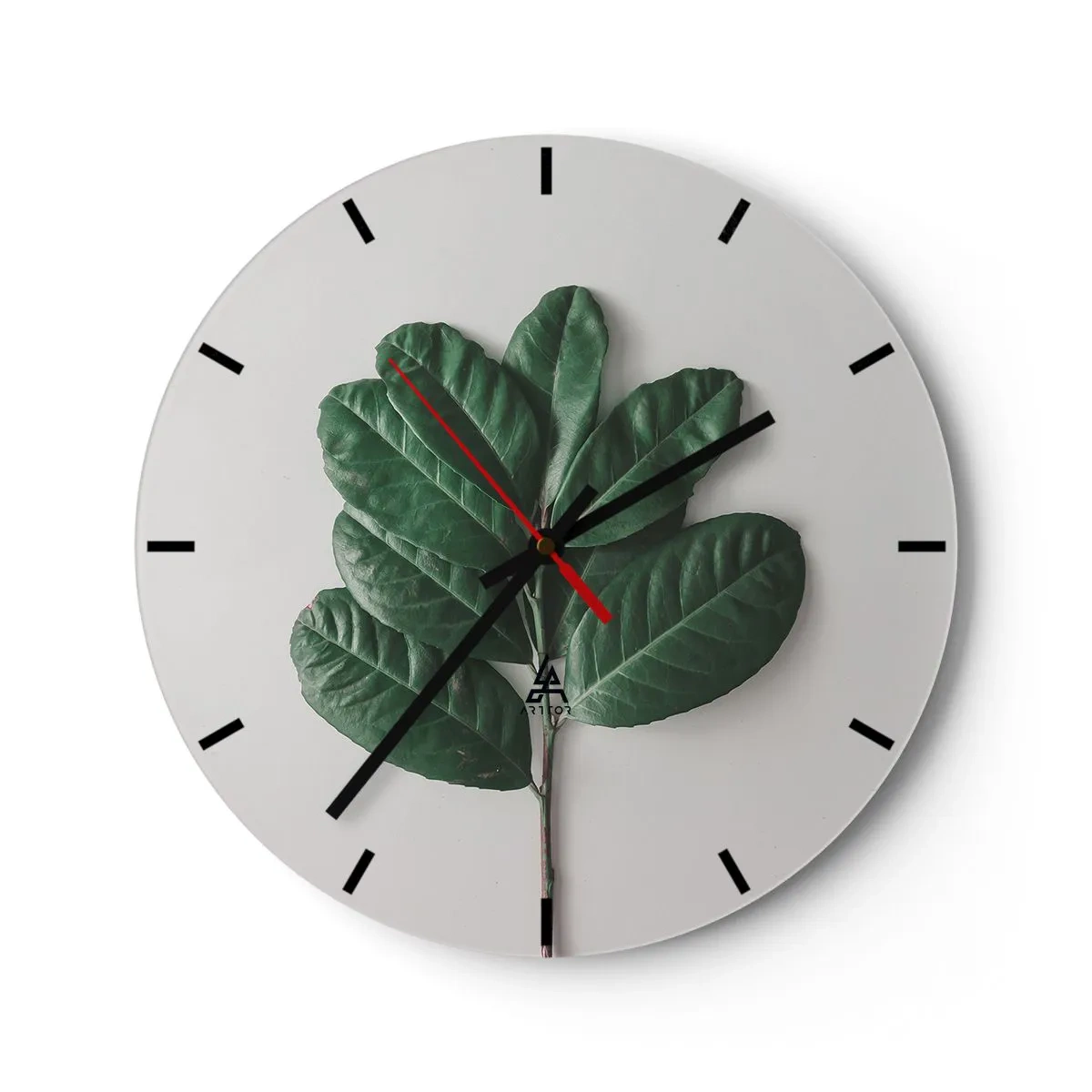 Relógio de parede - Relógio em vidro - Um galho verde com folhas grandes em um fundo claro - 30x30cm - Desenho da própria natureza - Decoração de parede moderna para a sala de estar, cozinha e quarto ARTTOR