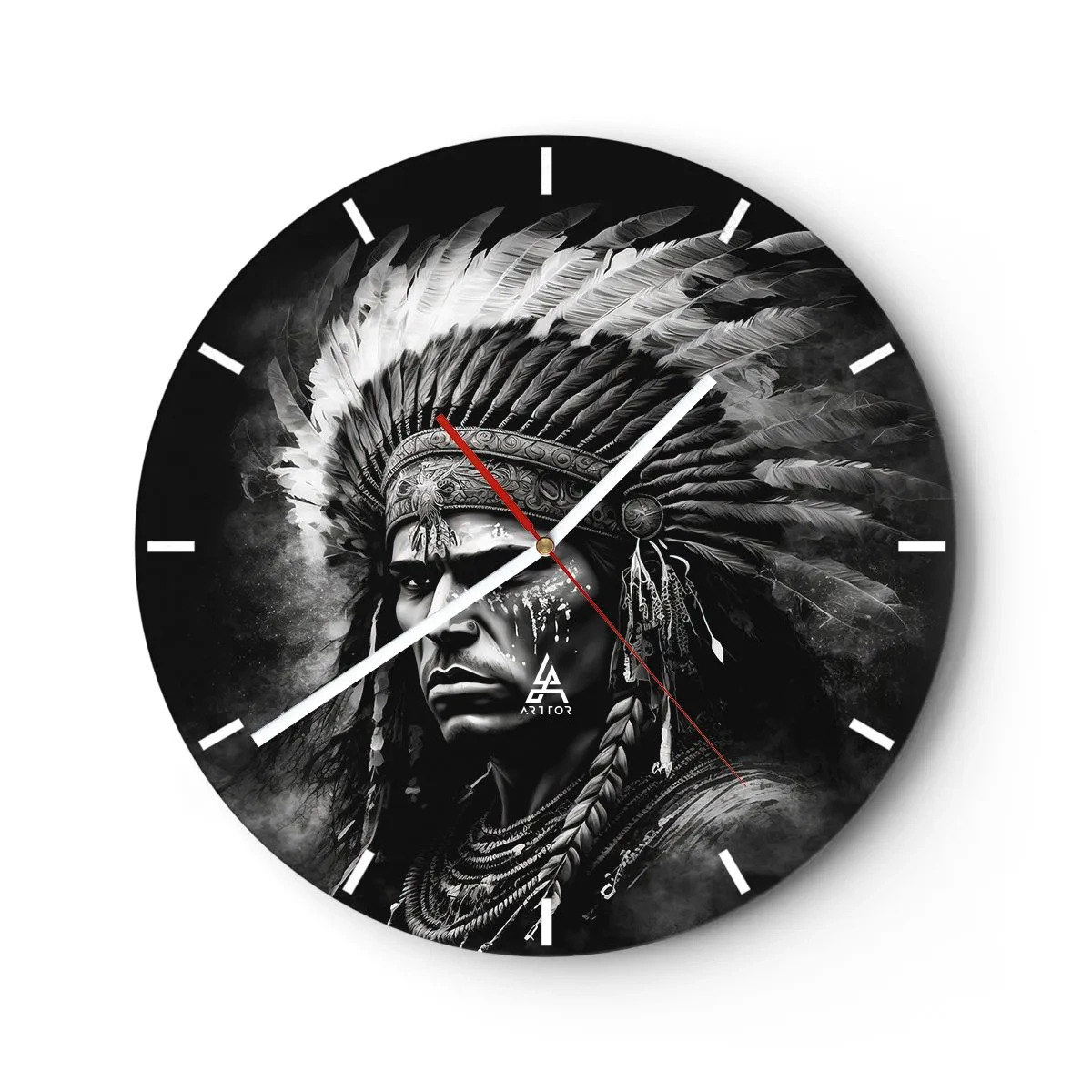 Relógio de parede - Relógio em vidro - Retrato de um chefe com um cocar de penas em estilo monocromático - 30x30cm - Um líder e um guerreiro - Decoração de parede moderna para a sala de estar, cozinha e quarto ARTTOR