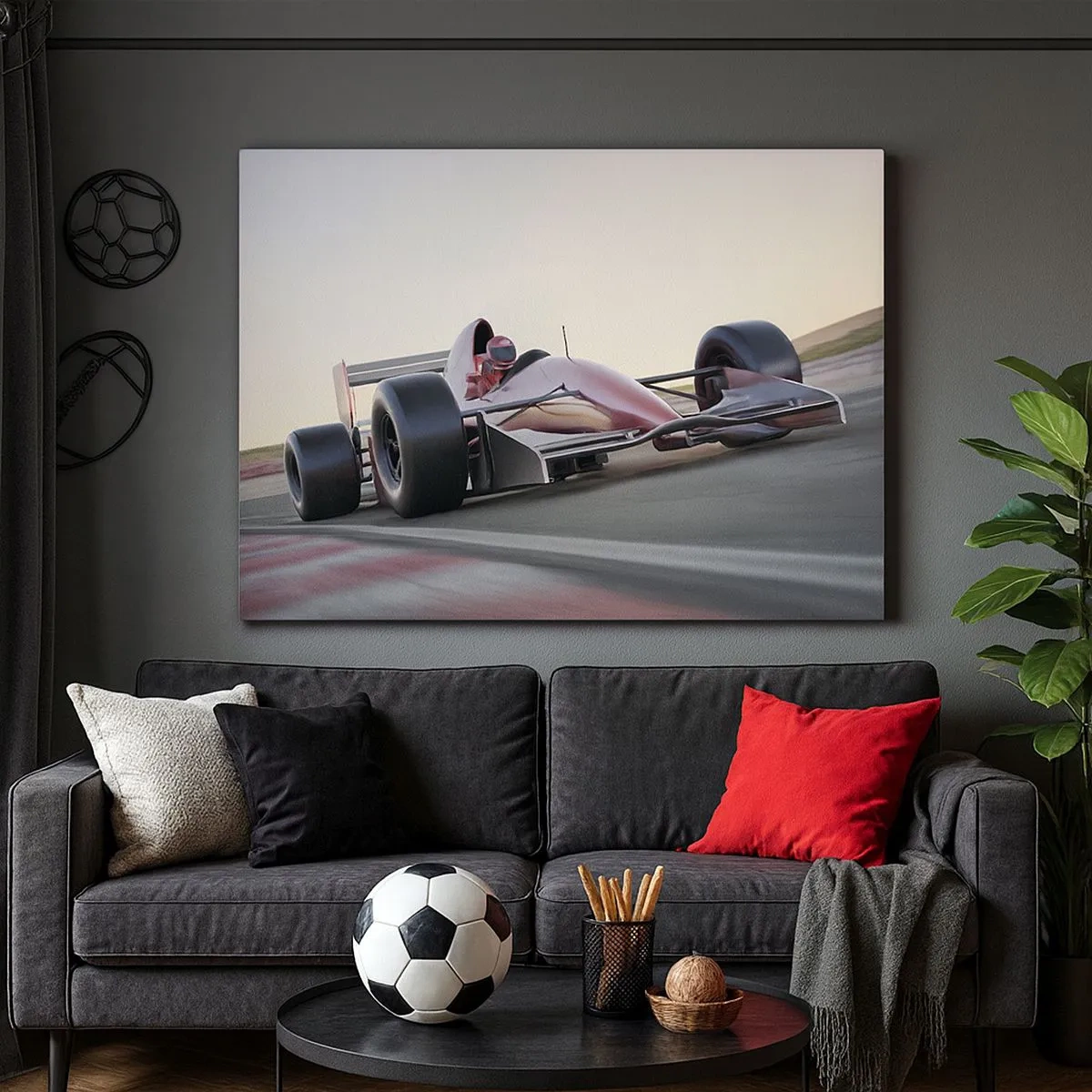 Quadro em tela - Um carro vermelho de Fórmula 1 em uma pista de corrida enquanto dirige - 70x50cm - Sempre um vencedor - Decoração de parede moderna para a sala de estar e quarto ARTTOR