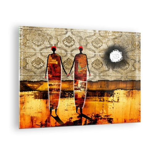 Quadro em vidro - Duas figuras abstratas sobre um fundo de ornamentos e tons dourados - 70x50cm - Composição étnica nas cores da África - Decoração de parede moderna para a sala de estar e quarto ARTTOR