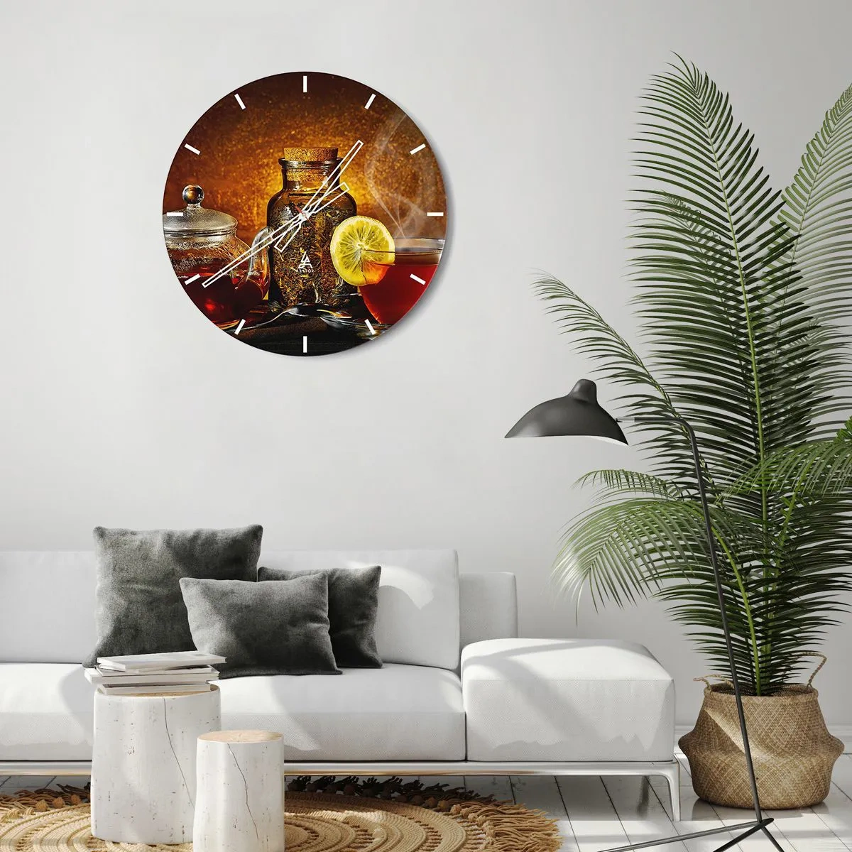 Relógio de parede - Relógio em vidro - Chá com limão e um pote de ervas secas sobre fundo dourado - 30x30cm - Ao estilo dos mestres holandeses - Decoração de parede moderna para a sala de estar, cozinha e quarto ARTTOR