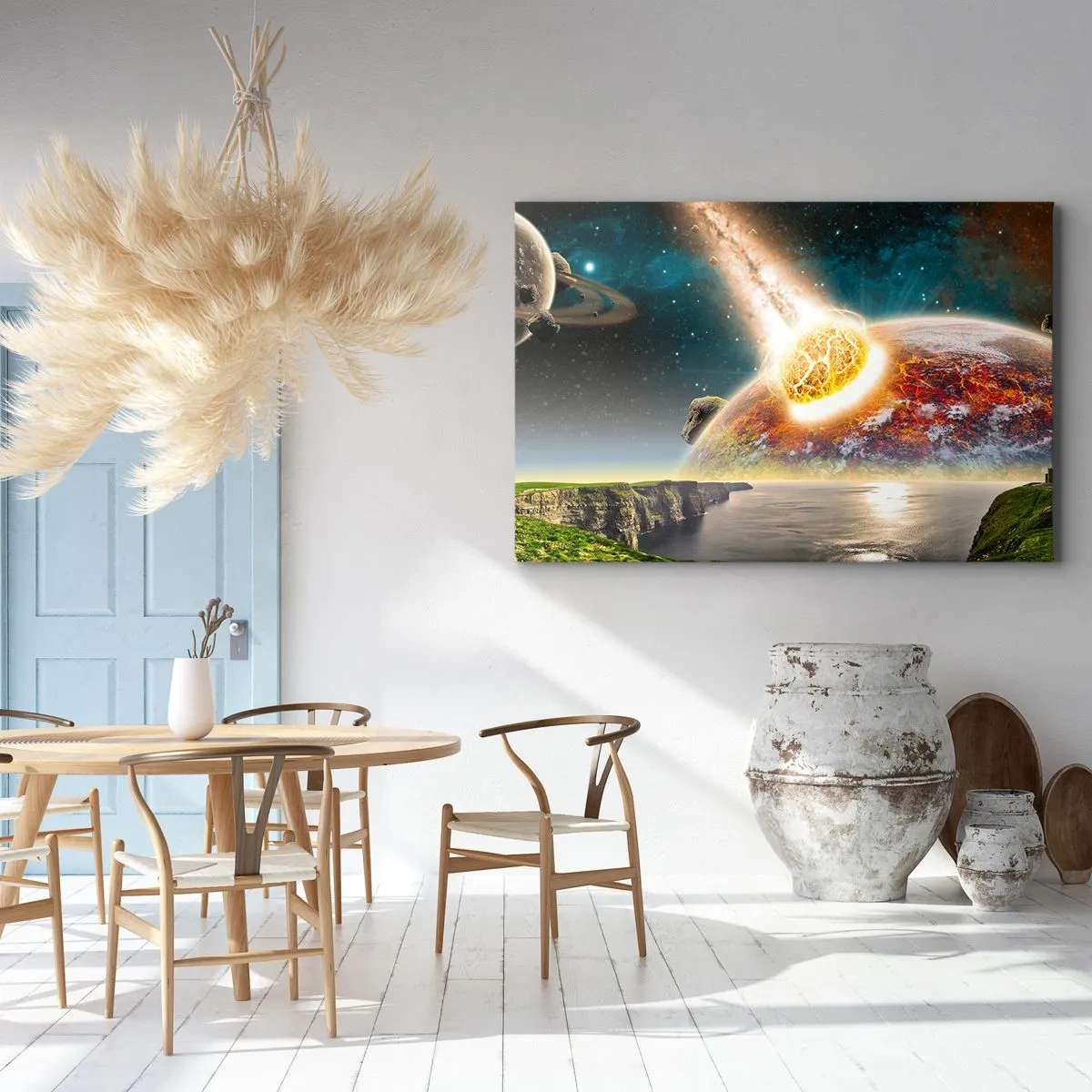 Quadro em tela - Um meteorito colide com um planeta em uma paisagem cósmica. - 70x50cm - Drama espacial - Decoração de parede moderna para a sala de estar e quarto ARTTOR