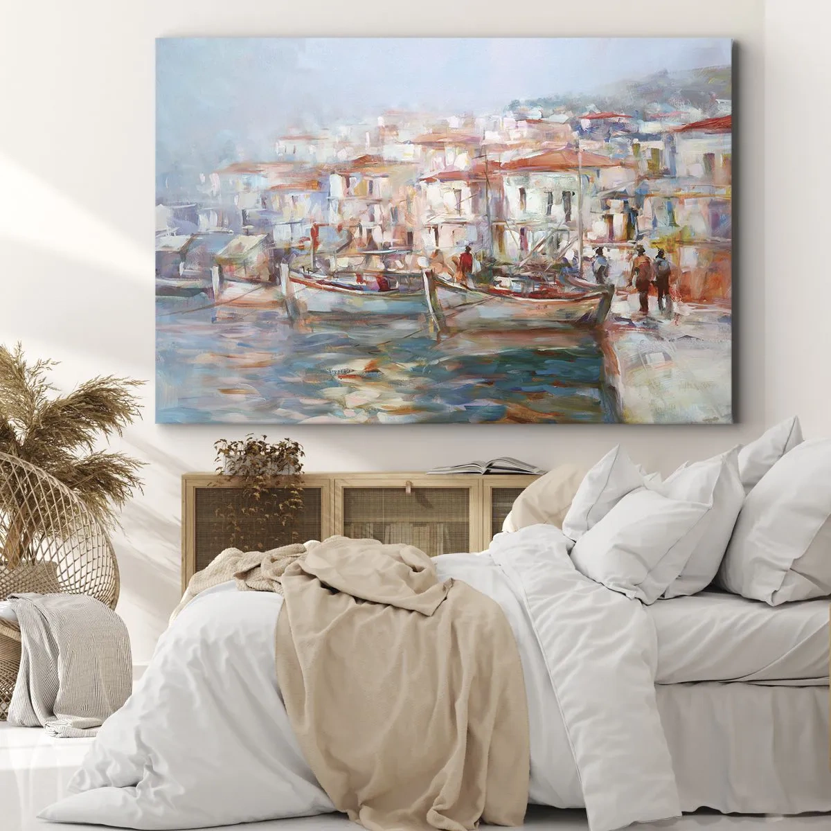 Quadro em tela - Impressão do porto com barcos e edifícios - 70x50cm - Férias em pastel - Decoração de parede moderna para a sala de estar e quarto ARTTOR