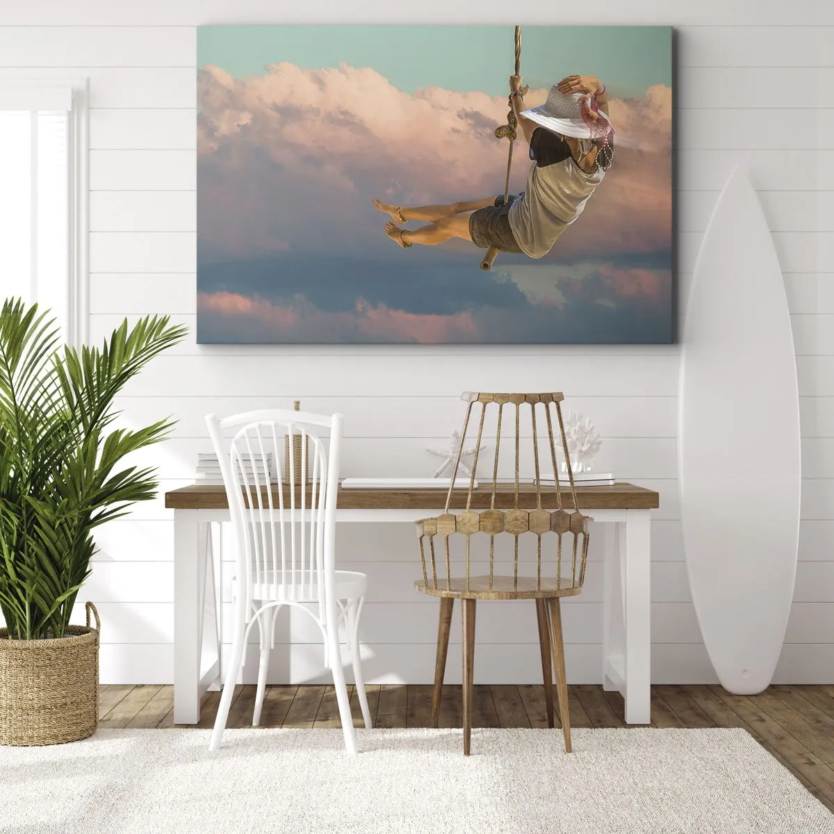 Quadro em tela - Mulher em um balanço entre nuvens cor de rosa - 70x50cm - Diversão nas nuvens - Decoração de parede moderna para a sala de estar e quarto ARTTOR
