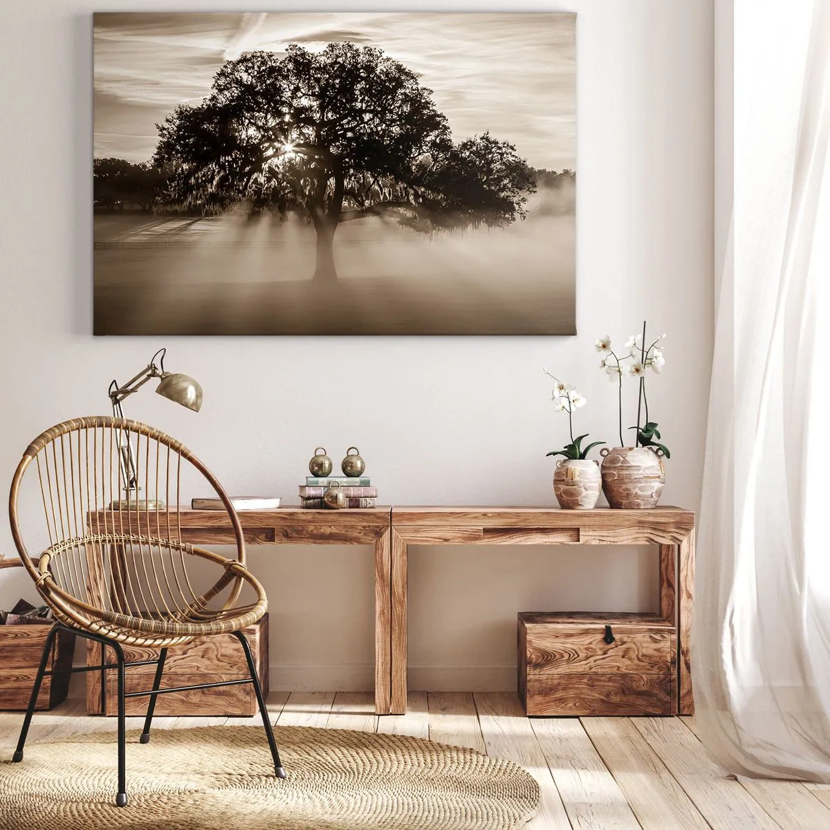 Quadro em tela - Raios de sol brilhando através de uma árvore solitária - 70x50cm - Uma árvore só de boas notícias - Decoração de parede moderna para a sala de estar e quarto ARTTOR