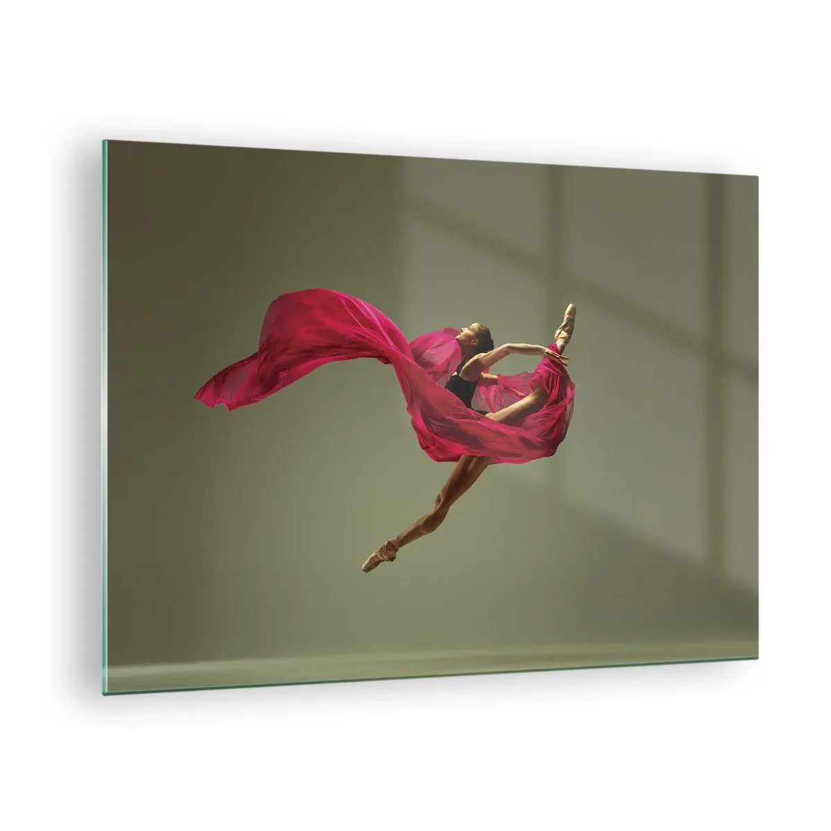 Quadro em vidro - Uma dançarina em voo com um tecido fúcsia esvoaçante - 70x50cm - Chama dançante - Decoração de parede moderna para a sala de estar e quarto ARTTOR