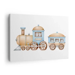 Quadro em tela - Desenho de um trem em tons pastéis sobre fundo branco - 70x50cm - Parado na estação... - Decoração de parede moderna para a sala de estar e quarto ARTTOR
