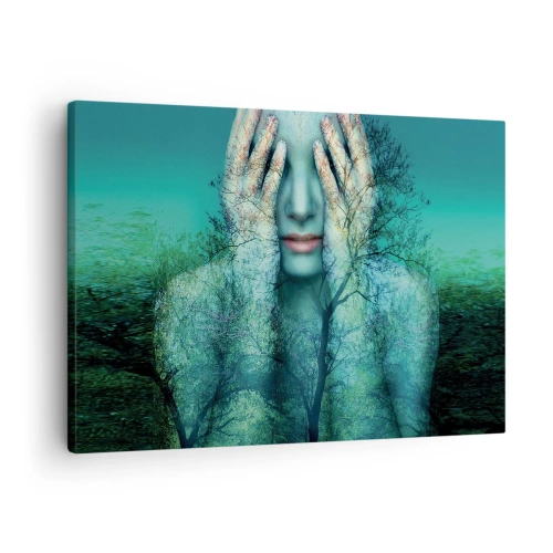 Quadro em tela - Uma figura feminina com um motivo de árvore sobre um fundo de paisagem turquesa - 70x50cm - Imersa em azul - Decoração de parede moderna para a sala de estar e quarto ARTTOR